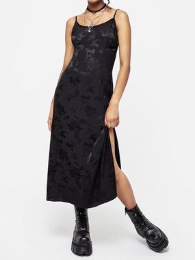 Vintage 90s Black Floral Maxi Slip Dress Strappy Side Slit Whimsigoth Grunge M